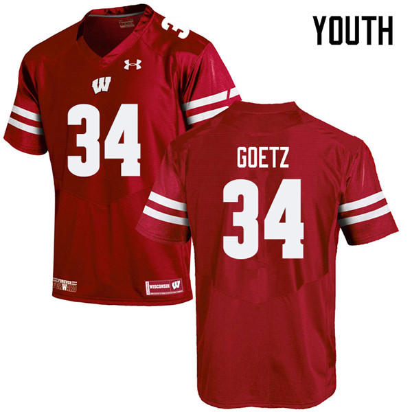 Youth #34 C.J. Goetz Wisconsin Badgers College Football Jerseys Sale-Red - Click Image to Close